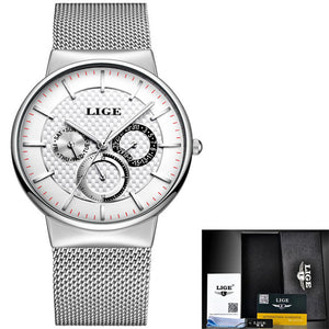 LIGE Fashion Mens WatchesCasual Slim Mesh Steel Date Waterproof Sport Watch