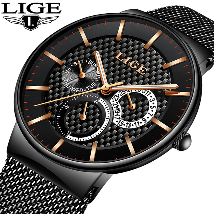 LIGE Fashion Mens WatchesCasual Slim Mesh Steel Date Waterproof Sport Watch